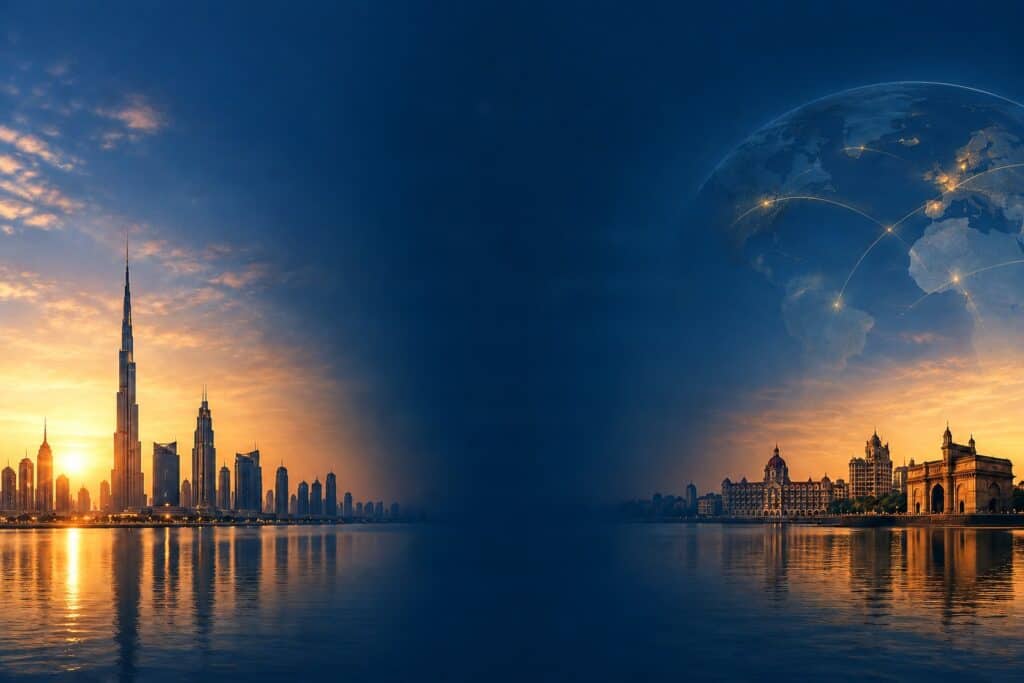 Dubai and Mumbai skyline at sunset